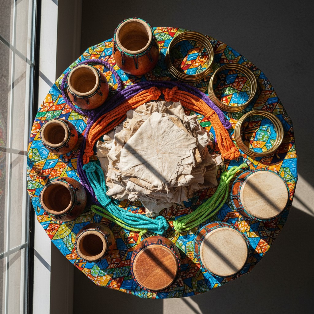 A colorful table with an assortment of rope, gold rings, pots, and other objects.